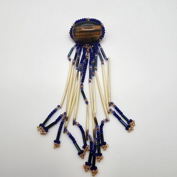 Handmade Native American Tiger's Eye, Glass Seed Beads, & Porcupine Quill Brooch - Picture 1 of 5